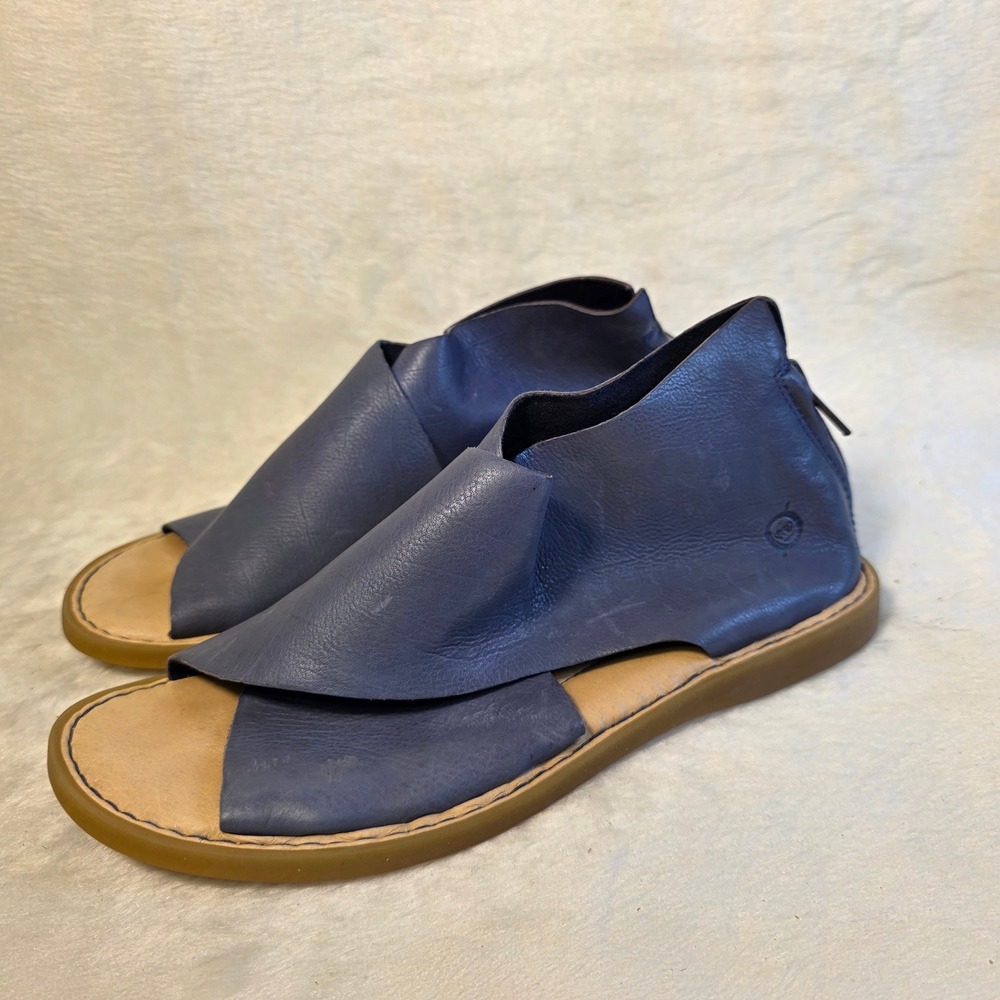 Born Iwa Sandals Blue Leather Ankle Zip Open Toe Womens 6 Excellent